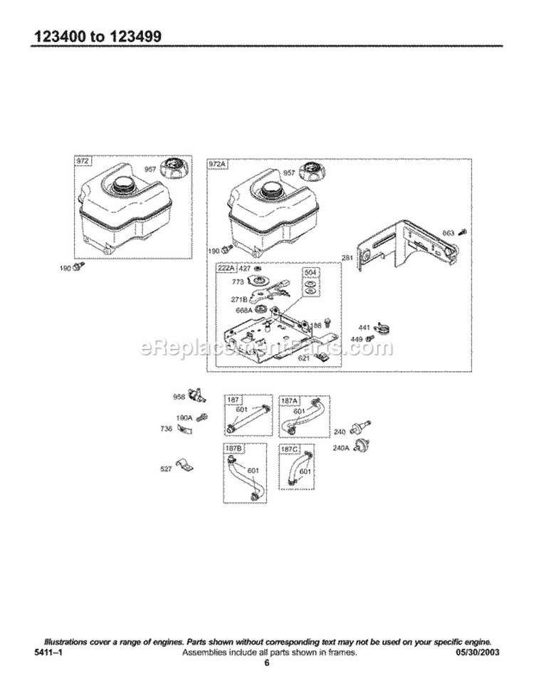 Fuel Tank Group Diagram and Parts List for 123435-0168-E1  Briggs and Stratton Engine